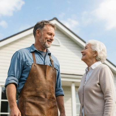 Artisan couvreur discutant avec un client devant une maison rénovée