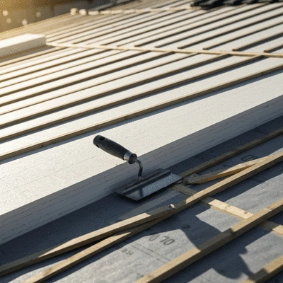 Détail de matériaux isolants modernes sur une toiture en construction, avec des outils de couvreur, ambiance de chantier propre et professionnel, lumière du jour, no text, no words, no typography, clean image