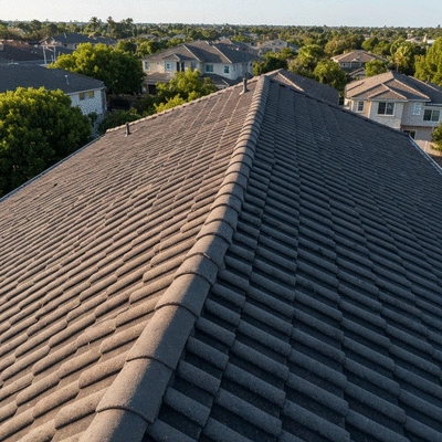 Rooftop with clean gutters and well-maintained tiles, demonstrating effective water drainage