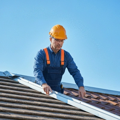 Roofing contractor examining a roof with various materials, showing attention to detail and professional service