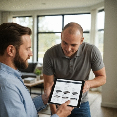 Homeowner reviewing a detailed roofing quote with a professional roofer on a tablet, discussing options