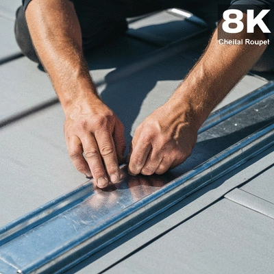 Close-up of a roofer's hands installing zinc flashing on a roof, showing attention to detail and quality craftsmanship. Bright, natural lighting.