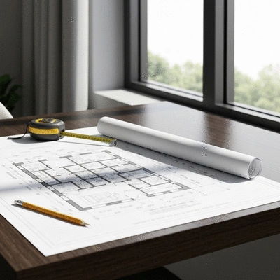 Architectural plan with construction tools