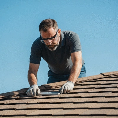 Professional roof inspector examining roof tiles