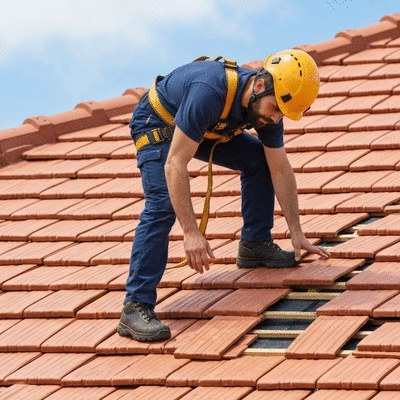 Professional roofer inspecting a tile roof, showing attention to detail and safety equipment, no text, no words, no typography, no labels, clean image