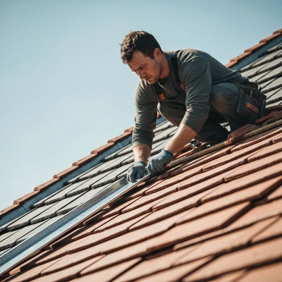 Artisan couvreur zingueur travaillant sur un toit, installant des tuiles et des éléments de zinguerie avec précision