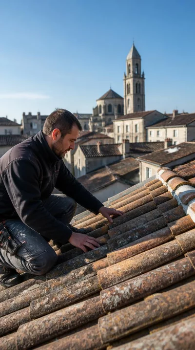Roofer inspecting a roof with a traditional Angoulême building in the background, showcasing local expertise.