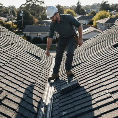 Couvreur professionnel inspectant un toit pour détecter une fuite