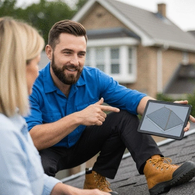 Professional roofer explaining roof issues to a homeowner on a tablet