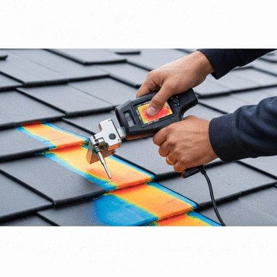 Close-up of a roofer's hands using specialized thermal camera to detect heat loss or water infiltration on a roof, emphasizing precision and modern tools, no text, no words, no typography, 8K