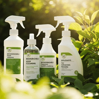 Flacons de produits de nettoyage biodégradables pour toiture, sur un fond naturel avec des feuilles vertes, no text, no words, no typography, no labels, clean image