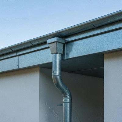 Close-up of a well-maintained zinc gutter on a modern building, showing its elegant patina
