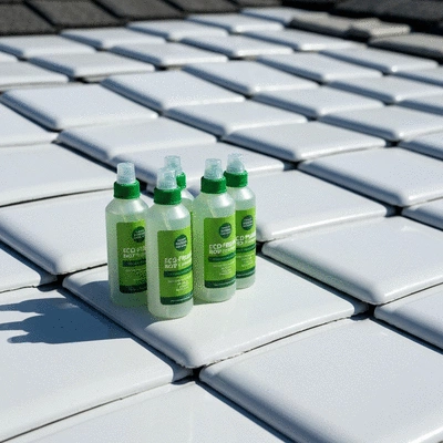 Eco-friendly roof cleaning products on a clean roof